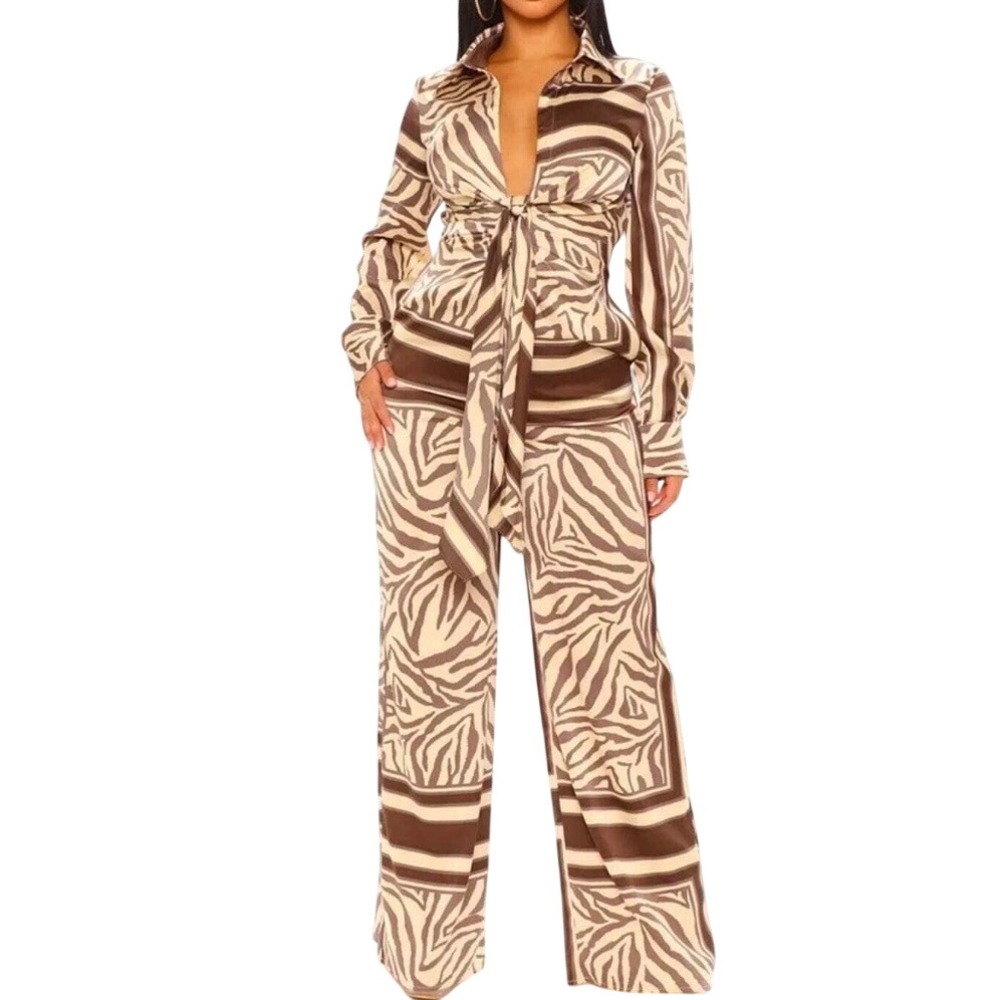 NWT Fashion Nova St. Tropez Animal‎ Jumpsuit S Zebra Print Wide Leg Brown Baddie